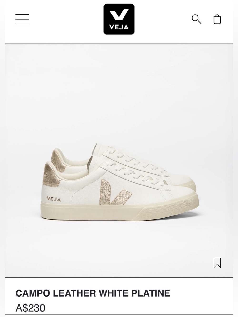 VEJA Campo Leather White Platine Sneakers Rose Gold Size 9 / EU 40